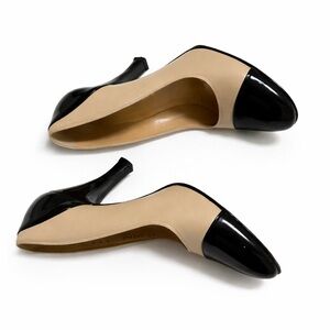 Cole Haan Beige and Black Two-Tone Patent Cap-Toe Pumps